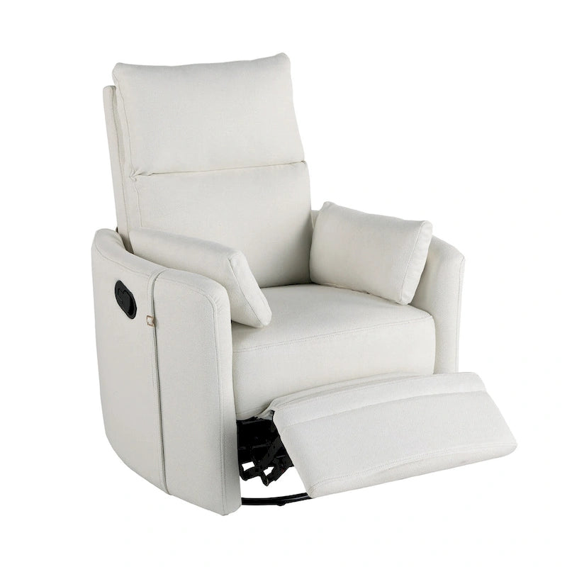 Beige Upholstered Swivel Rocker Recliner with Manual Recline, 360 Swivel, and Two Removable Cushions