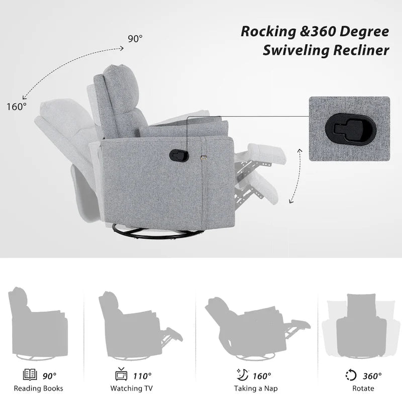 Beige Upholstered Swivel Rocker Recliner with Manual Recline, 360 Swivel, and Two Removable Cushions