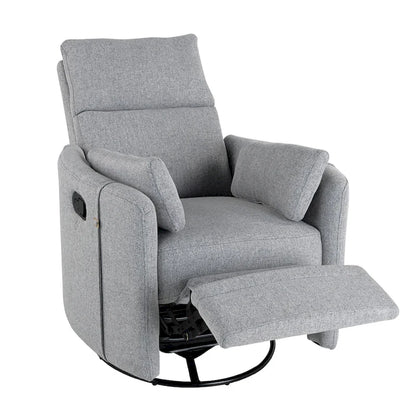 Beige Upholstered Swivel Rocker Recliner with Manual Recline, 360 Swivel, and Two Removable Cushions