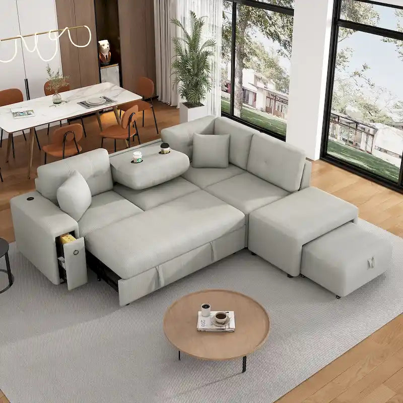 86.6 L-Shaped 4 Seater Sectional Sofa with Pull-Out Bed, Movable Ottoman, USB Ports, and Cup Holder Drop-Down Table