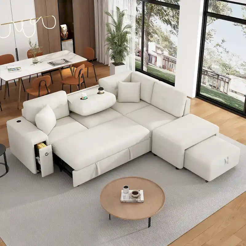 86.6 L-Shaped 4 Seater Sectional Sofa with Pull-Out Bed, Movable Ottoman, USB Ports, and Cup Holder Drop-Down Table