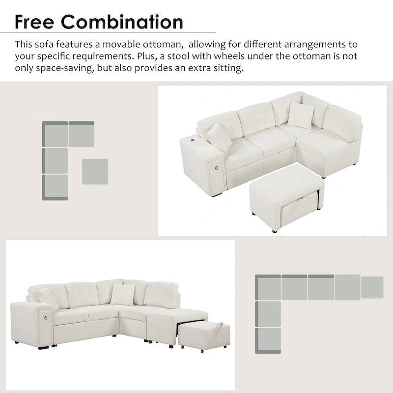 86.6 L-Shaped 4 Seater Sectional Sofa with Pull-Out Bed, Movable Ottoman, USB Ports, and Cup Holder Drop-Down Table
