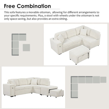 86.6 L-Shaped 4 Seater Sectional Sofa with Pull-Out Bed, Movable Ottoman, USB Ports, and Cup Holder Drop-Down Table