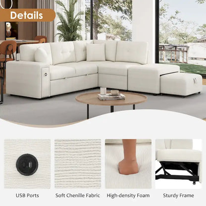 86.6 L-Shaped 4 Seater Sectional Sofa with Pull-Out Bed, Movable Ottoman, USB Ports, and Cup Holder Drop-Down Table