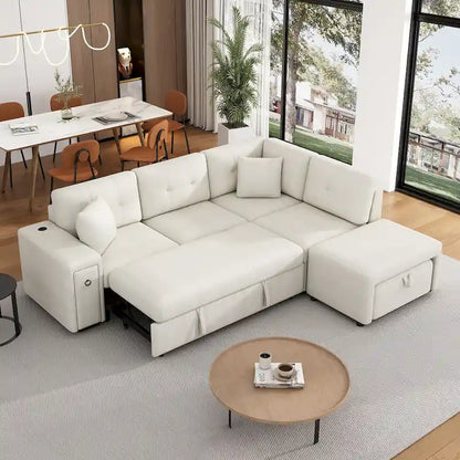 86.6 L-Shaped 4 Seater Sectional Sofa with Pull-Out Bed, Movable Ottoman, USB Ports, and Cup Holder Drop-Down Table