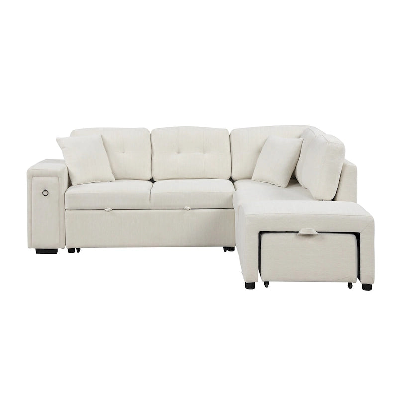 86.6 L-Shaped 4 Seater Sectional Sofa with Pull-Out Bed, Movable Ottoman, USB Ports, and Cup Holder Drop-Down Table