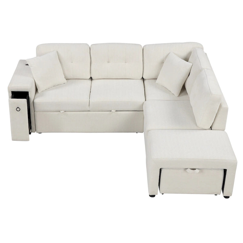 86.6 L-Shaped 4 Seater Sectional Sofa with Pull-Out Bed, Movable Ottoman, USB Ports, and Cup Holder Drop-Down Table