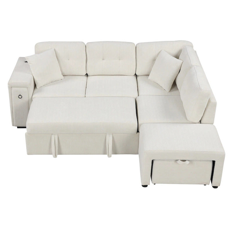 86.6 L-Shaped 4 Seater Sectional Sofa with Pull-Out Bed, Movable Ottoman, USB Ports, and Cup Holder Drop-Down Table
