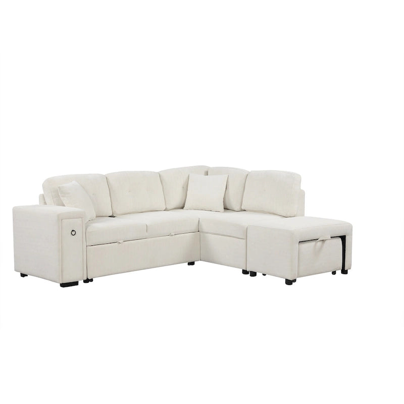 86.6 L-Shaped 4 Seater Sectional Sofa with Pull-Out Bed, Movable Ottoman, USB Ports, and Cup Holder Drop-Down Table