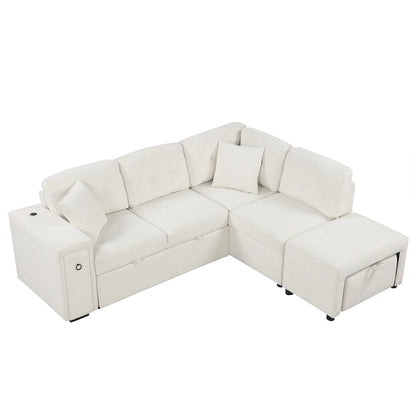 86.6 L-Shaped 4 Seater Sectional Sofa with Pull-Out Bed, Movable Ottoman, USB Ports, and Cup Holder Drop-Down Table