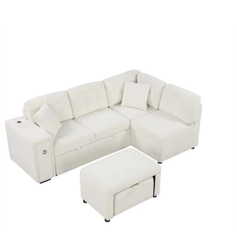 86.6 L-Shaped 4 Seater Sectional Sofa with Pull-Out Bed, Movable Ottoman, USB Ports, and Cup Holder Drop-Down Table