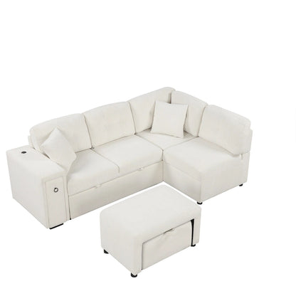 86.6 L-Shaped 4 Seater Sectional Sofa with Pull-Out Bed, Movable Ottoman, USB Ports, and Cup Holder Drop-Down Table