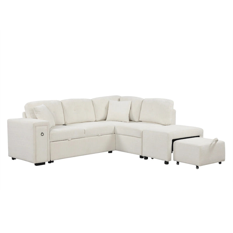 86.6 L-Shaped 4 Seater Sectional Sofa with Pull-Out Bed, Movable Ottoman, USB Ports, and Cup Holder Drop-Down Table