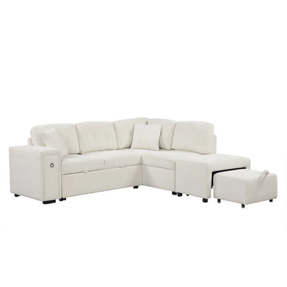 86.6 L-Shaped 4 Seater Sectional Sofa with Pull-Out Bed, Movable Ottoman, USB Ports, and Cup Holder Drop-Down Table