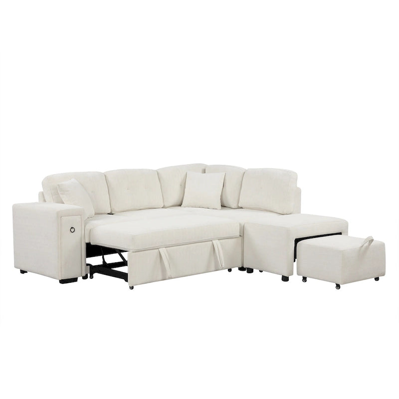 86.6 L-Shaped 4 Seater Sectional Sofa with Pull-Out Bed, Movable Ottoman, USB Ports, and Cup Holder Drop-Down Table