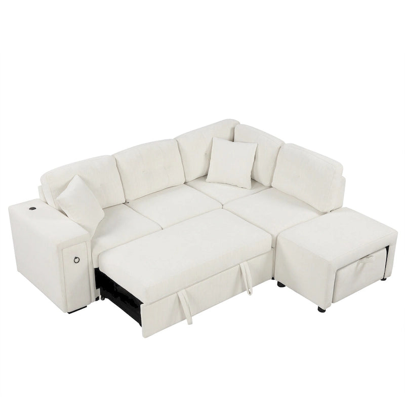86.6 L-Shaped 4 Seater Sectional Sofa with Pull-Out Bed, Movable Ottoman, USB Ports, and Cup Holder Drop-Down Table