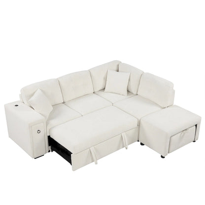 86.6 L-Shaped 4 Seater Sectional Sofa with Pull-Out Bed, Movable Ottoman, USB Ports, and Cup Holder Drop-Down Table