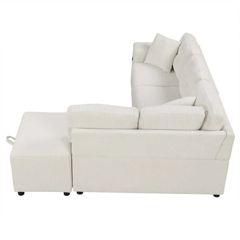 86.6 L-Shaped 4 Seater Sectional Sofa with Pull-Out Bed, Movable Ottoman, USB Ports, and Cup Holder Drop-Down Table