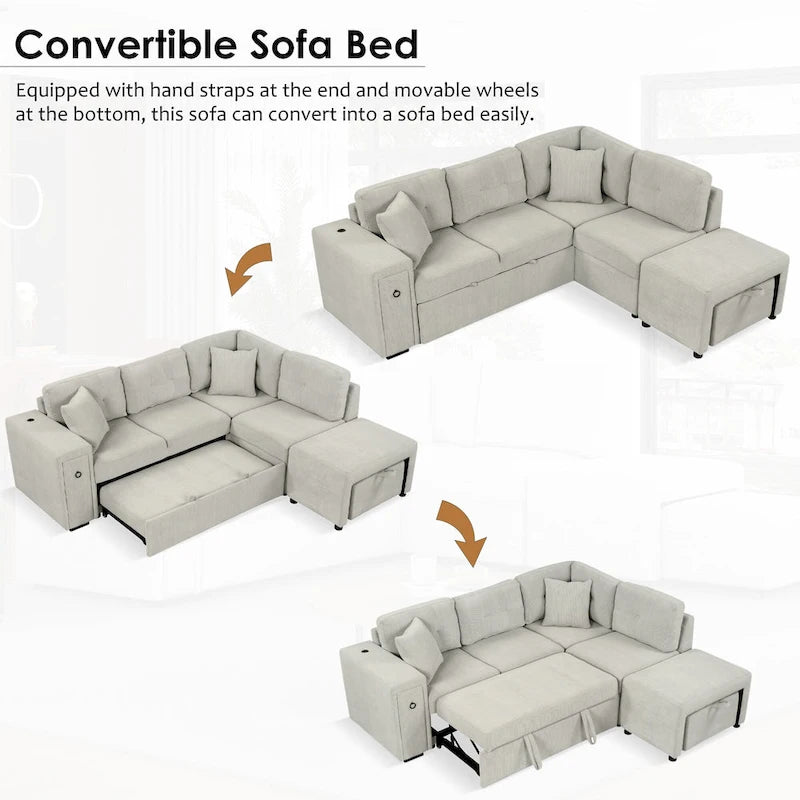 86.6 L-Shaped 4 Seater Sectional Sofa with Pull-Out Bed, Movable Ottoman, USB Ports, and Cup Holder Drop-Down Table