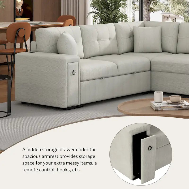 86.6 L-Shaped 4 Seater Sectional Sofa with Pull-Out Bed, Movable Ottoman, USB Ports, and Cup Holder Drop-Down Table