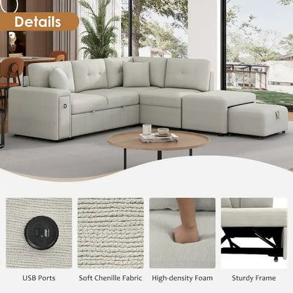 86.6 L-Shaped 4 Seater Sectional Sofa with Pull-Out Bed, Movable Ottoman, USB Ports, and Cup Holder Drop-Down Table