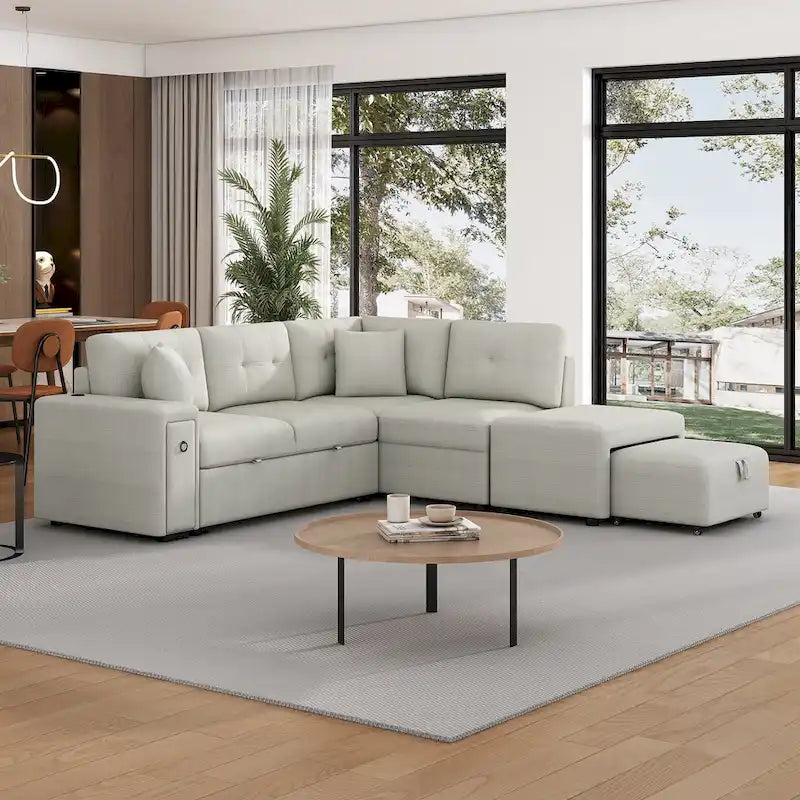 86.6 L-Shaped 4 Seater Sectional Sofa with Pull-Out Bed, Movable Ottoman, USB Ports, and Cup Holder Drop-Down Table