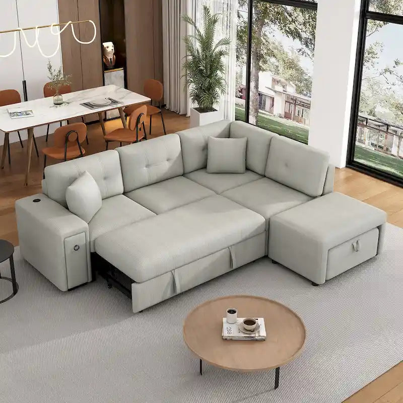86.6 L-Shaped 4 Seater Sectional Sofa with Pull-Out Bed, Movable Ottoman, USB Ports, and Cup Holder Drop-Down Table