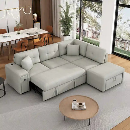 86.6 L-Shaped 4 Seater Sectional Sofa with Pull-Out Bed, Movable Ottoman, USB Ports, and Cup Holder Drop-Down Table
