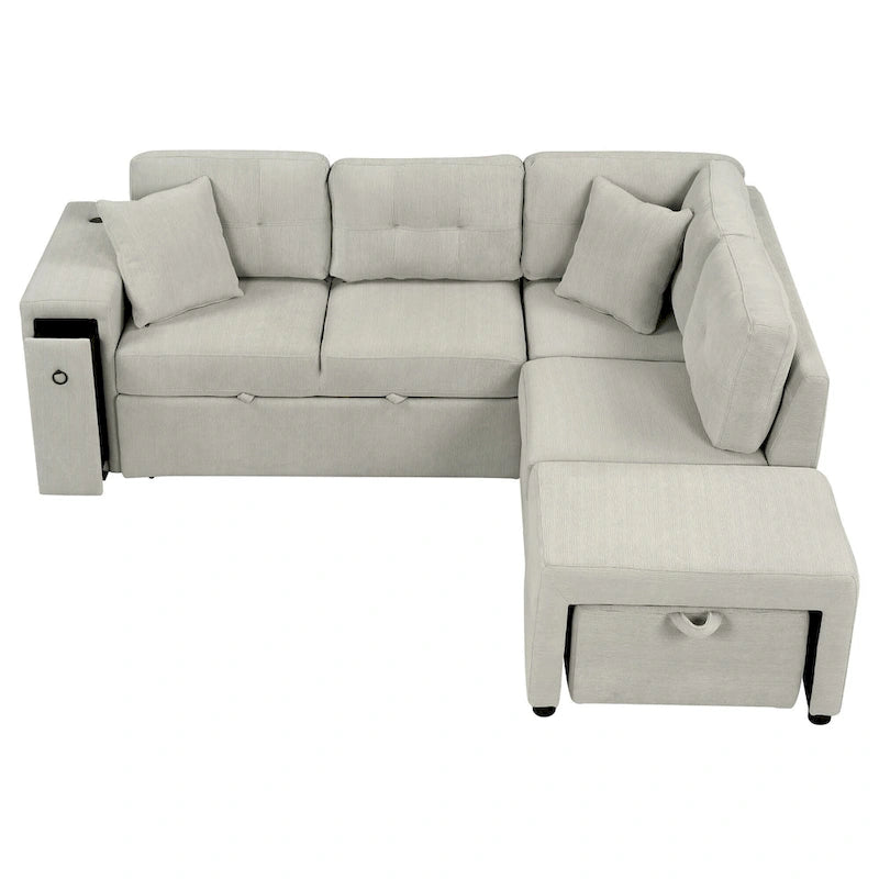 86.6 L-Shaped 4 Seater Sectional Sofa with Pull-Out Bed, Movable Ottoman, USB Ports, and Cup Holder Drop-Down Table