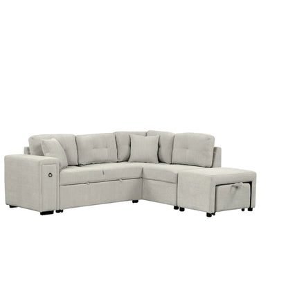86.6 L-Shaped 4 Seater Sectional Sofa with Pull-Out Bed, Movable Ottoman, USB Ports, and Cup Holder Drop-Down Table