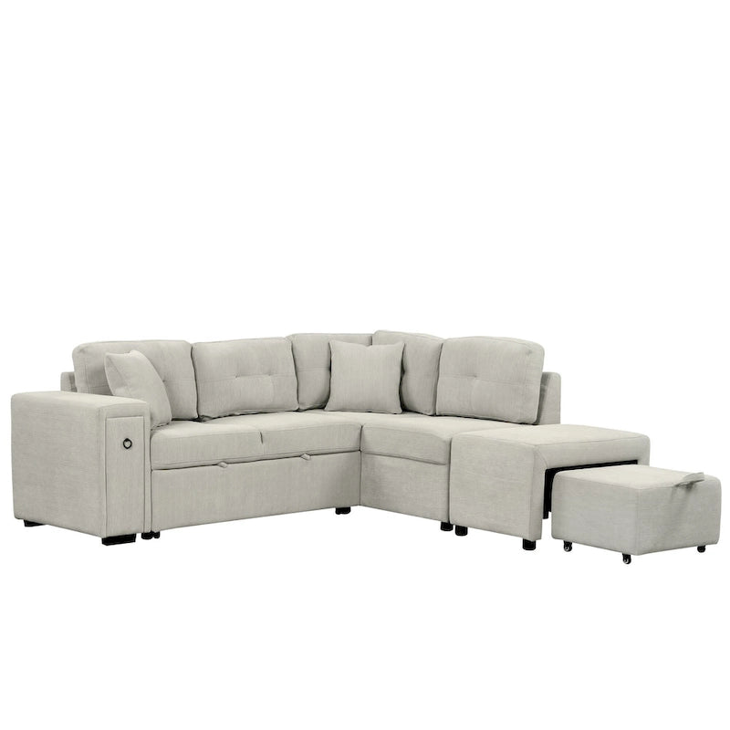 86.6 L-Shaped 4 Seater Sectional Sofa with Pull-Out Bed, Movable Ottoman, USB Ports, and Cup Holder Drop-Down Table