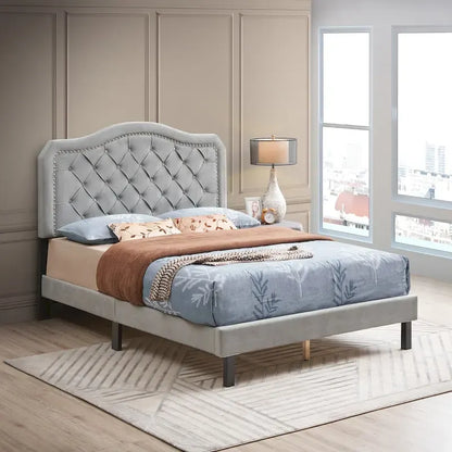 Queen Size Button Tufted Bed with Strong Wood Slat Support