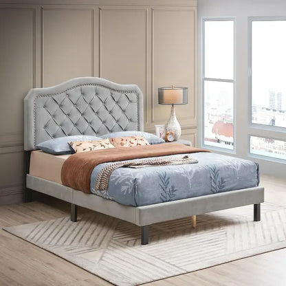 Queen Size Button Tufted Bed with Strong Wood Slat Support