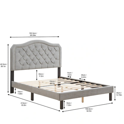 Queen Size Button Tufted Bed with Strong Wood Slat Support