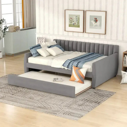 Velvet Daybed with Trundle & Wood Slats