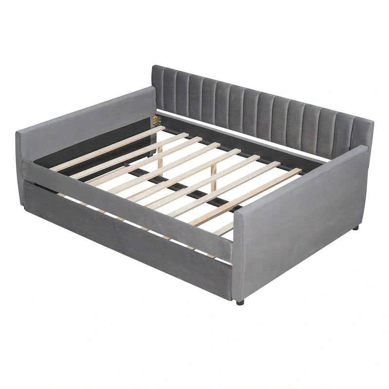 Velvet Daybed with Trundle & Wood Slats