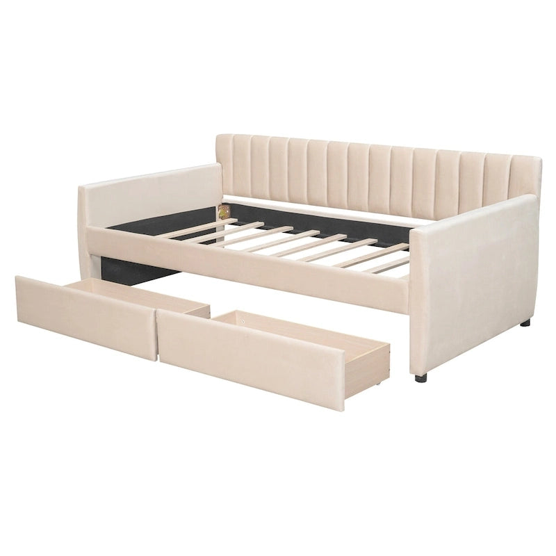 Velvet Daybed with Trundle & Wood Slats