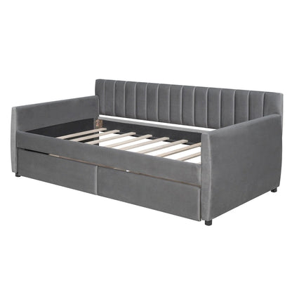 Velvet Daybed with Trundle & Wood Slats