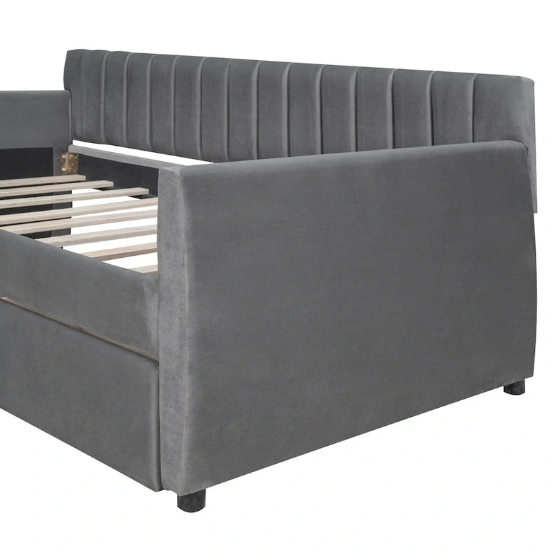 Velvet Daybed with Trundle & Wood Slats