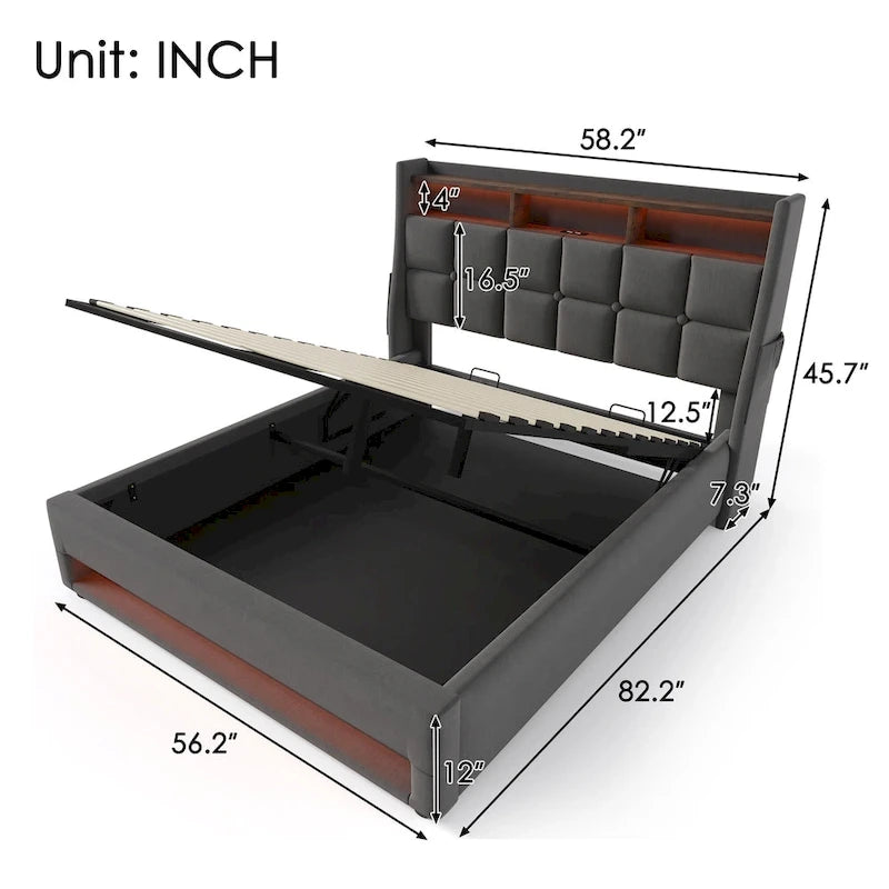 Grey Full Size Upholstered Platform Bed with Hydraulic Storage, LED, and USB Charging