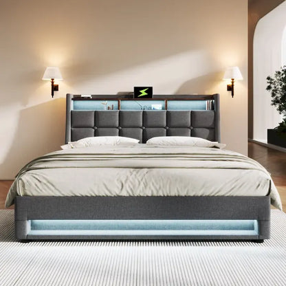 Grey Full Size Upholstered Platform Bed with Hydraulic Storage, LED, and USB Charging