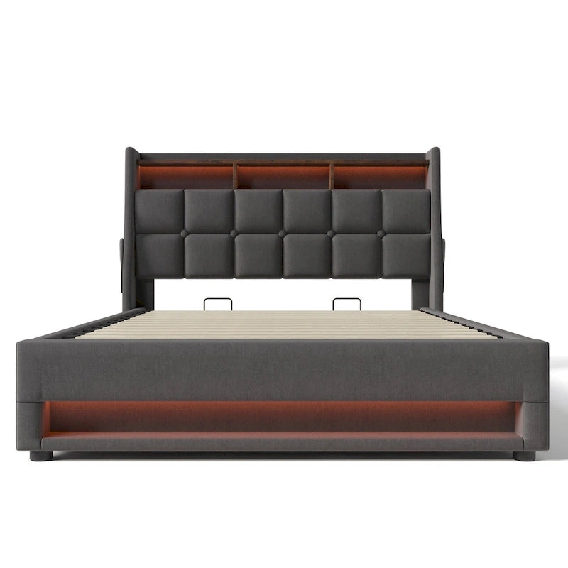 Grey Full Size Upholstered Platform Bed with Hydraulic Storage, LED, and USB Charging