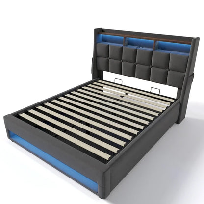 Grey Full Size Upholstered Platform Bed with Hydraulic Storage, LED, and USB Charging