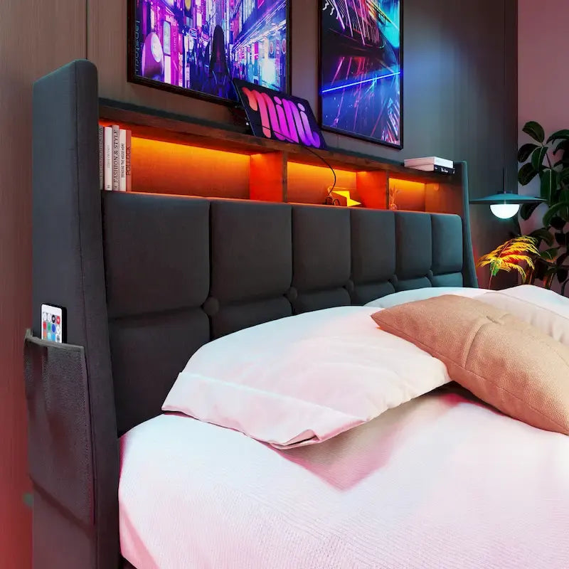 Grey Full Size Upholstered Platform Bed with Hydraulic Storage, LED, and USB Charging