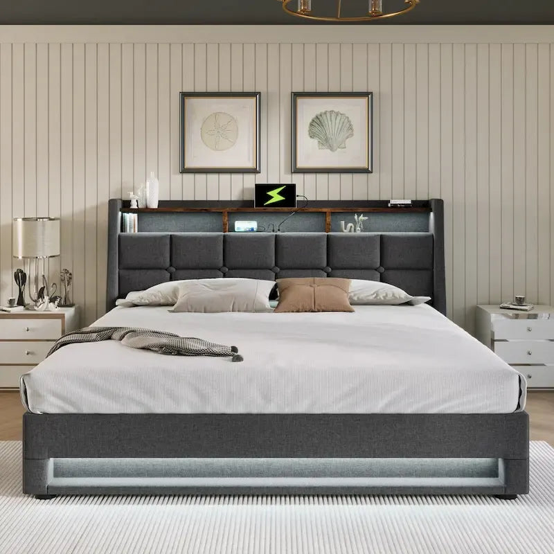 Grey Full Size Upholstered Platform Bed with Hydraulic Storage, LED, and USB Charging