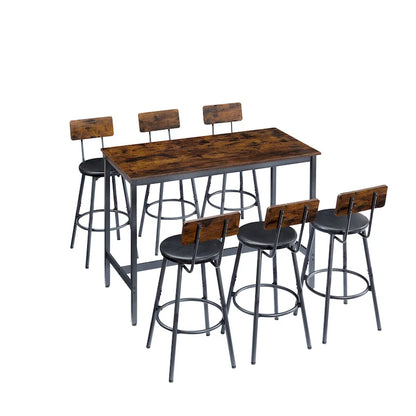 Rustic Style 7-Piece Dining Set with Rectangular Table and PU Leather Bar Chairs