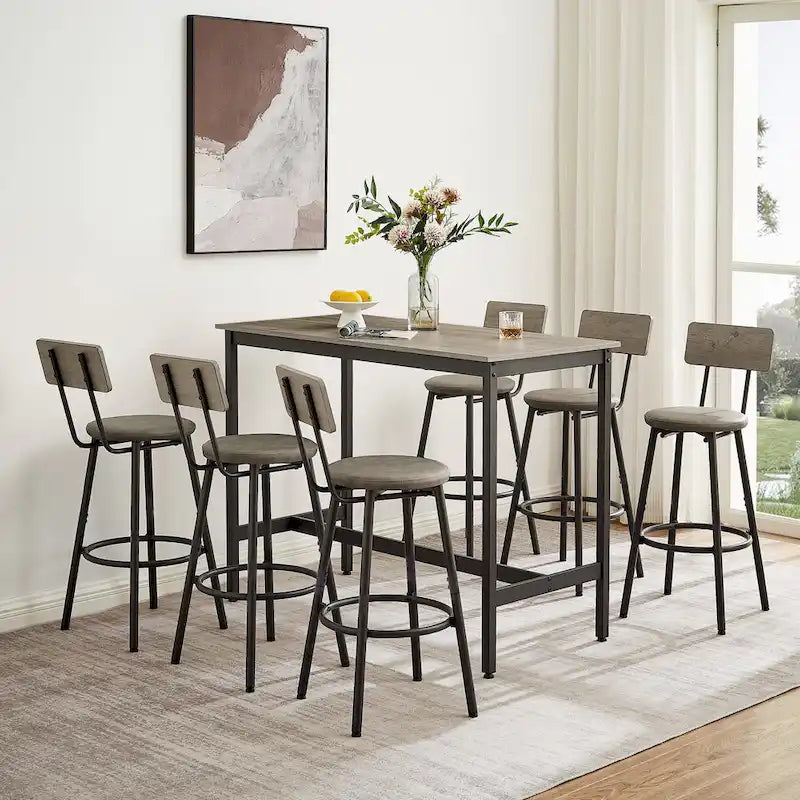 Rustic Style 7-Piece Dining Set with Rectangular Table and PU Leather Bar Chairs