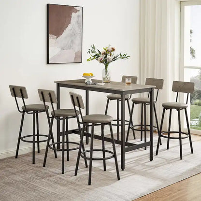 Rustic Style 7-Piece Dining Set with Rectangular Table and PU Leather Bar Chairs