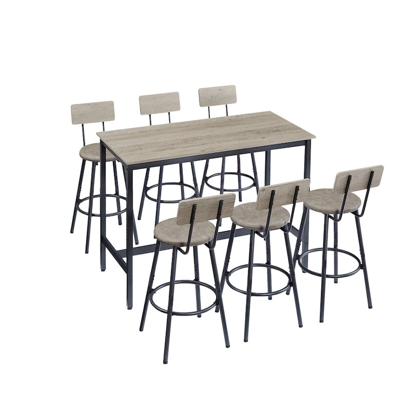 Rustic Style 7-Piece Dining Set with Rectangular Table and PU Leather Bar Chairs