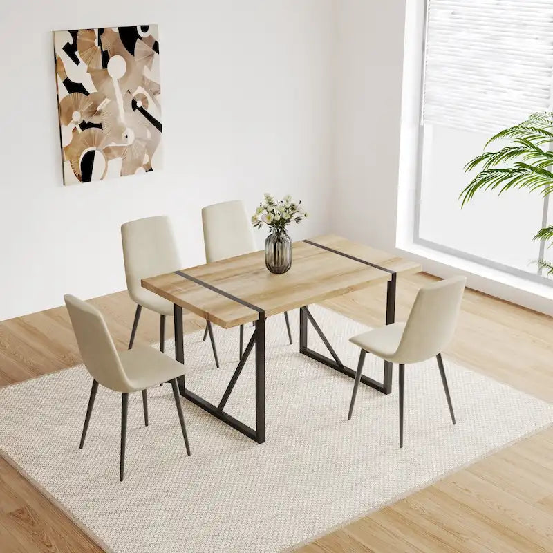 Natural Wood Industrial 5-Piece Dining Table Set with 4 Chairs, Metal Base & Legs